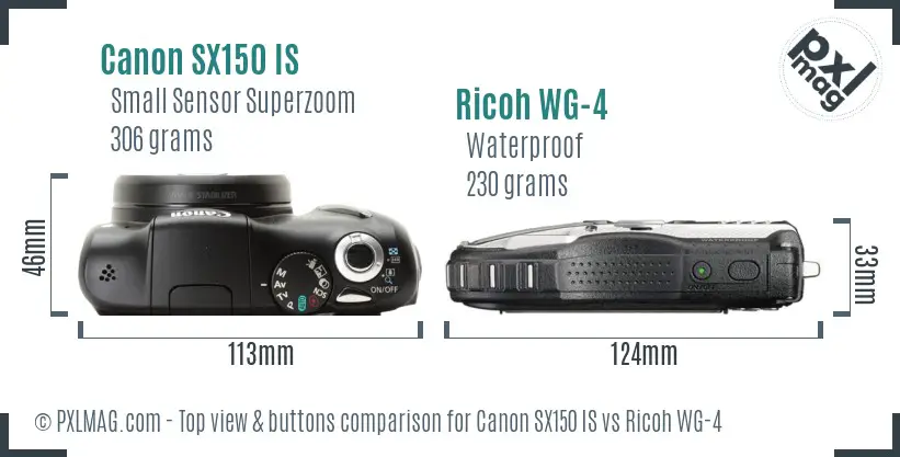 Canon SX150 IS vs Ricoh WG-4 top view buttons comparison