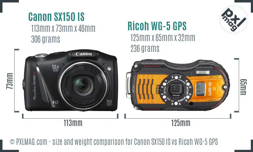 Canon SX150 IS vs Ricoh WG-5 GPS size comparison Canon SX150 IS vs Ricoh WG-5 GPS size comparison