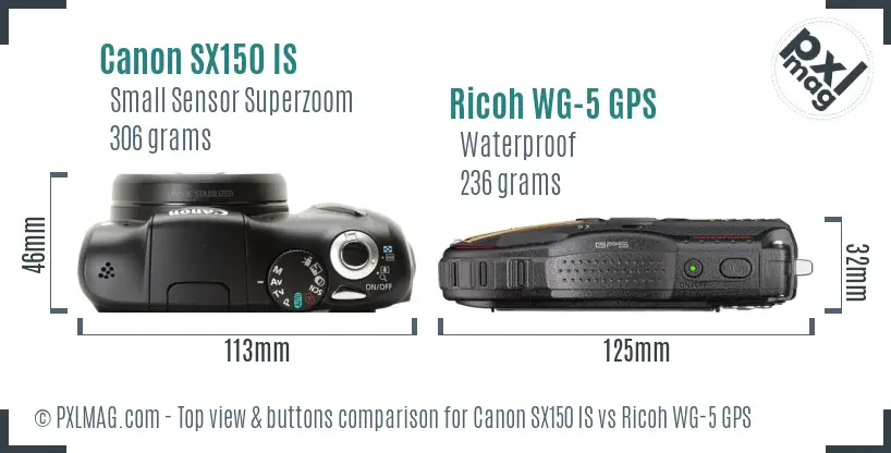 Canon SX150 IS vs Ricoh WG-5 GPS top view buttons comparison Canon SX150 IS vs Ricoh WG-5 GPS top view buttons comparison