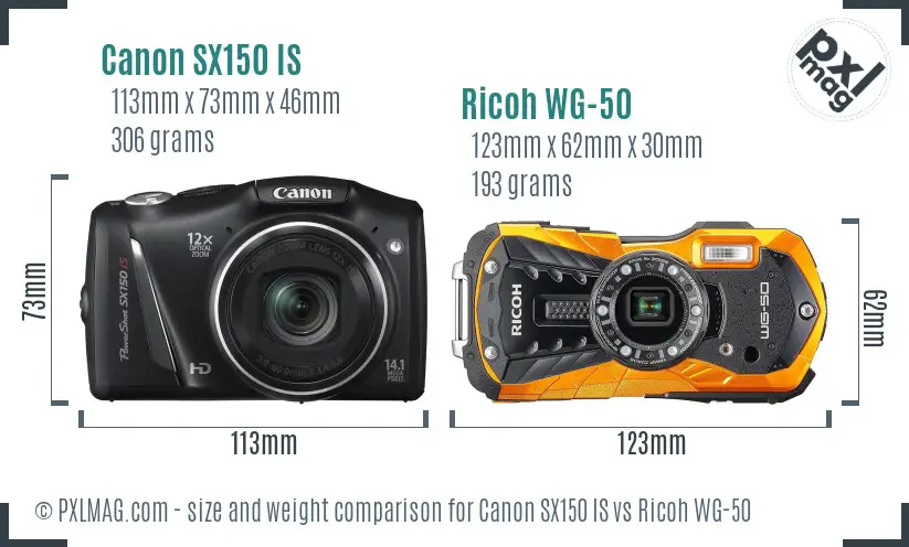 Canon SX150 IS vs Ricoh WG-50 size comparison