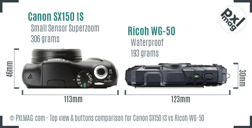 Canon SX150 IS vs Ricoh WG-50 top view buttons comparison