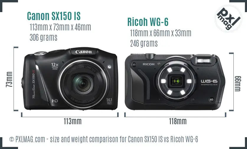 Canon SX150 IS vs Ricoh WG-6 size comparison