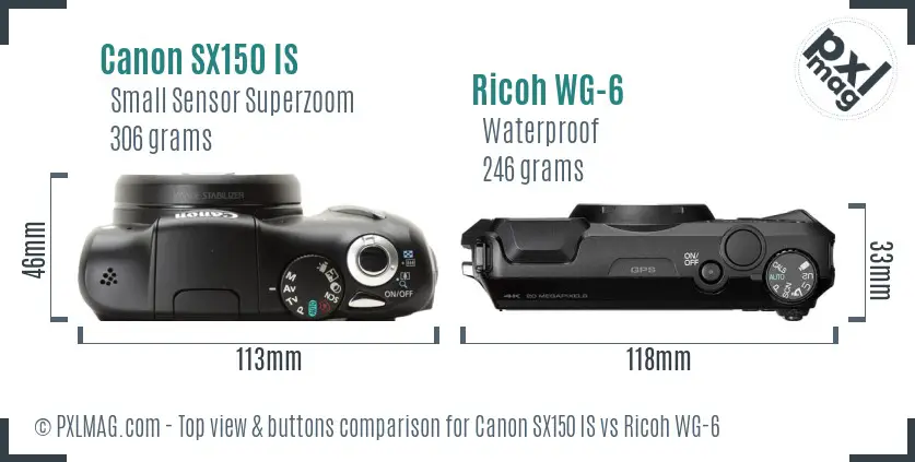 Canon SX150 IS vs Ricoh WG-6 top view buttons comparison