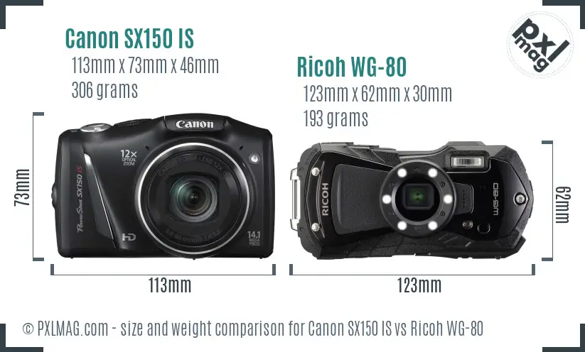 Canon SX150 IS vs Ricoh WG-80 size comparison