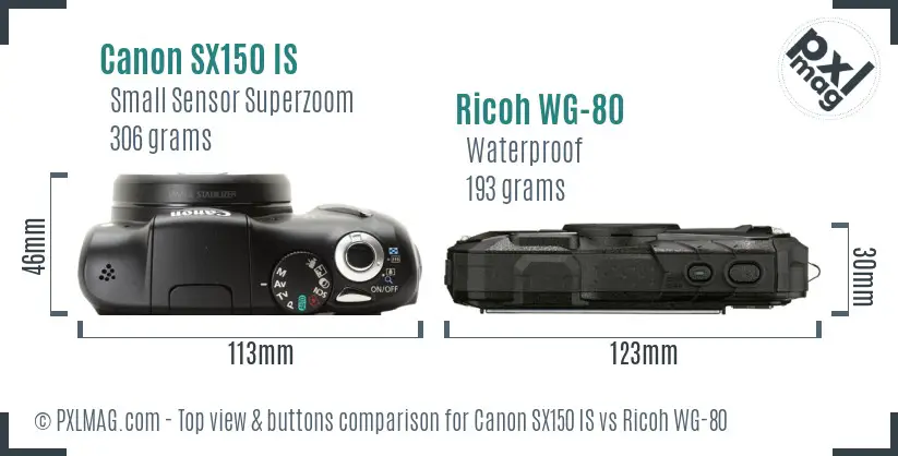 Canon SX150 IS vs Ricoh WG-80 top view buttons comparison