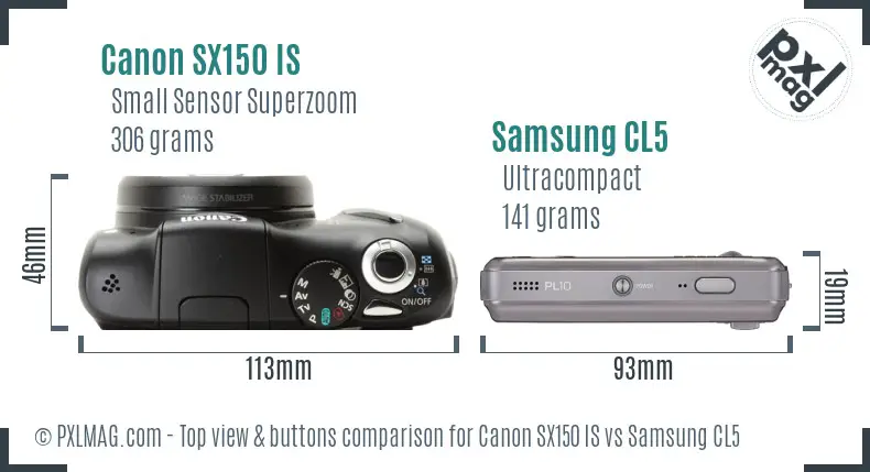 Canon SX150 IS vs Samsung CL5 top view buttons comparison