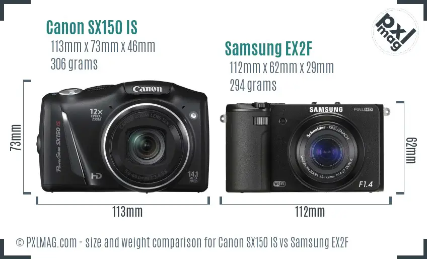 Canon SX150 IS vs Samsung EX2F size comparison Canon SX150 IS vs Samsung EX2F size comparison