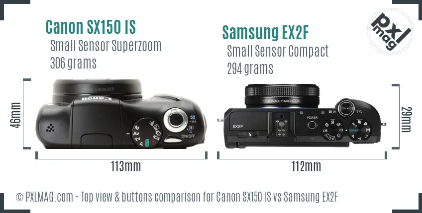 Canon SX150 IS vs Samsung EX2F top view buttons comparison Canon SX150 IS vs Samsung EX2F top view buttons comparison