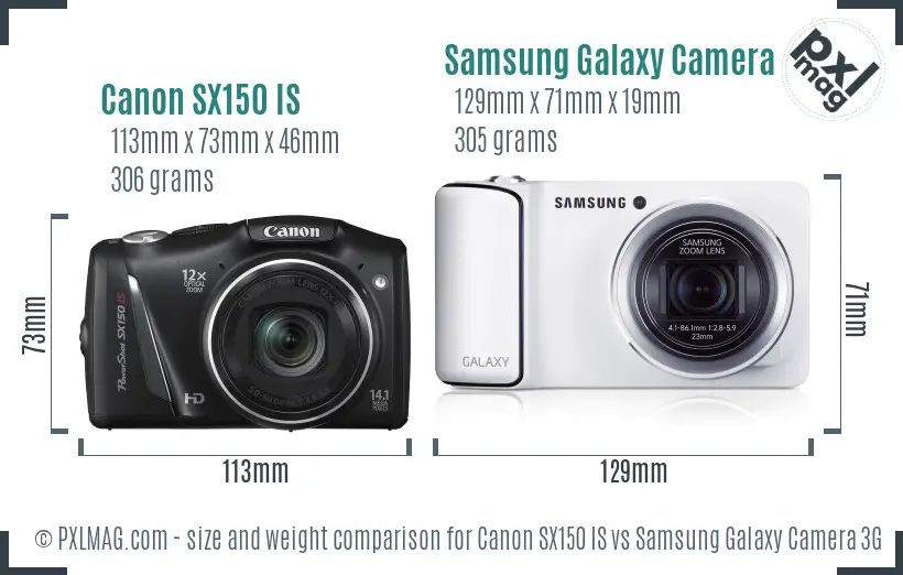 Canon SX150 IS vs Samsung Galaxy Camera 3G size comparison Canon SX150 IS vs Samsung Galaxy Camera 3G size comparison