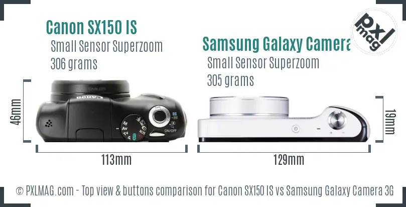 Canon SX150 IS vs Samsung Galaxy Camera 3G top view buttons comparison Canon SX150 IS vs Samsung Galaxy Camera 3G top view buttons comparison