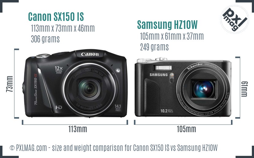 Canon SX150 IS vs Samsung HZ10W size comparison