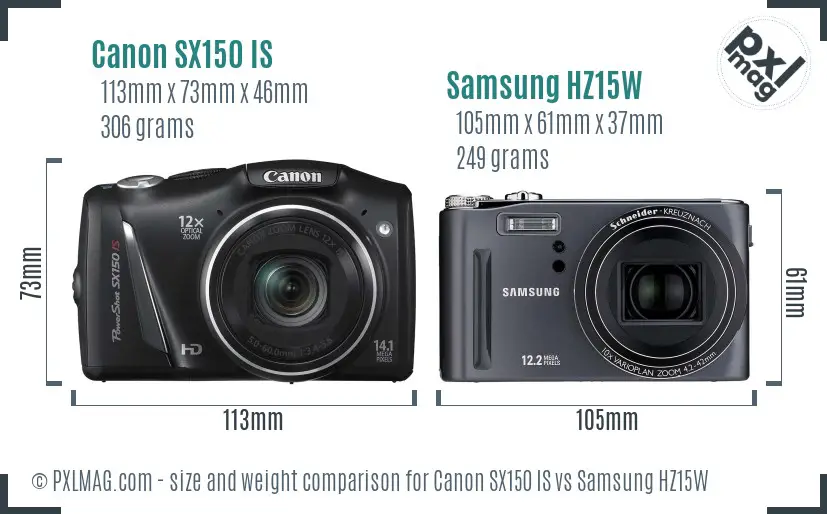 Canon SX150 IS vs Samsung HZ15W size comparison