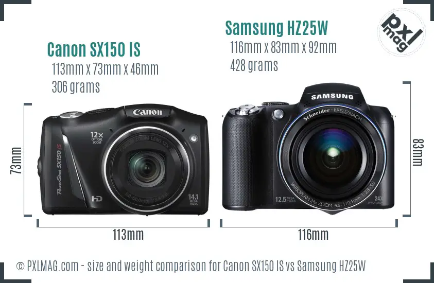 Canon SX150 IS vs Samsung HZ25W size comparison