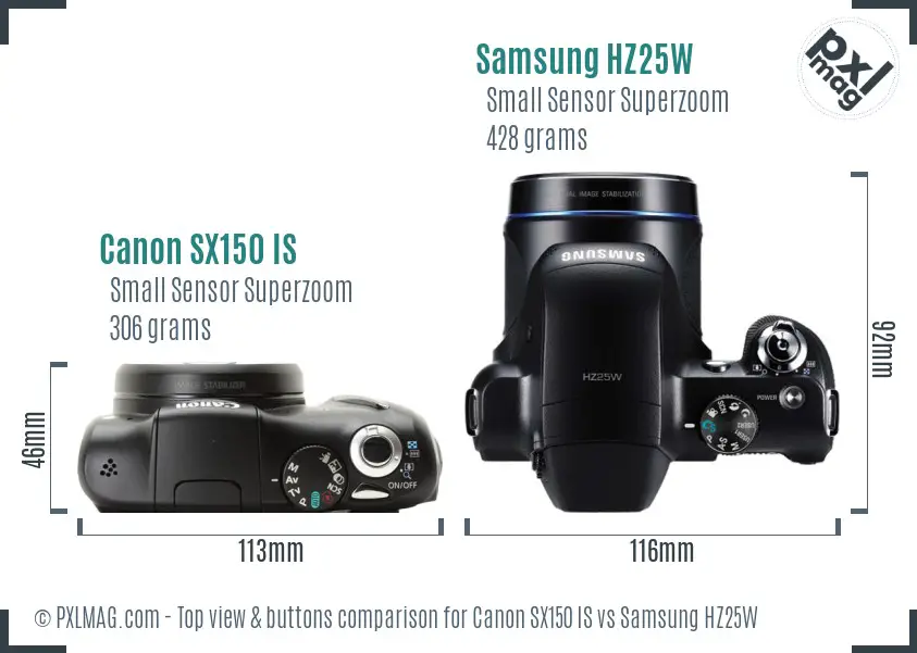 Canon SX150 IS vs Samsung HZ25W top view buttons comparison
