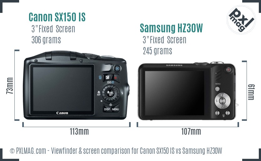 Canon SX150 IS vs Samsung HZ30W Screen and Viewfinder comparison