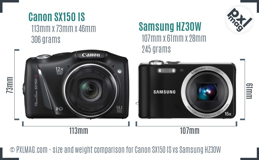 Canon SX150 IS vs Samsung HZ30W size comparison Canon SX150 IS vs Samsung HZ30W size comparison