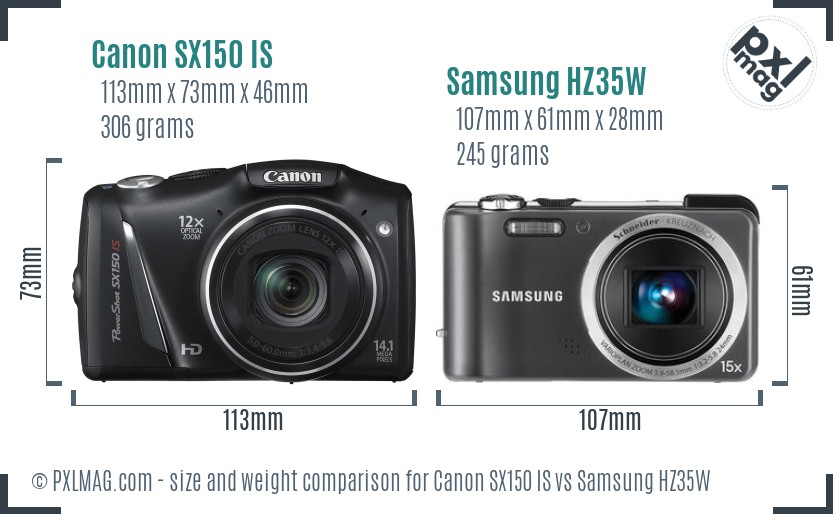 Canon SX150 IS vs Samsung HZ35W size comparison