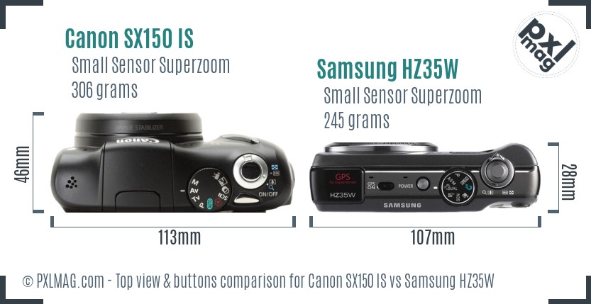 Canon SX150 IS vs Samsung HZ35W top view buttons comparison