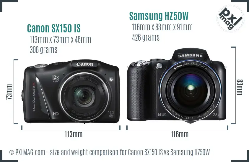 Canon SX150 IS vs Samsung HZ50W size comparison Canon SX150 IS vs Samsung HZ50W size comparison
