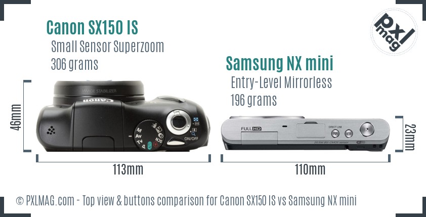 Canon SX150 IS vs Samsung NX mini top view buttons comparison