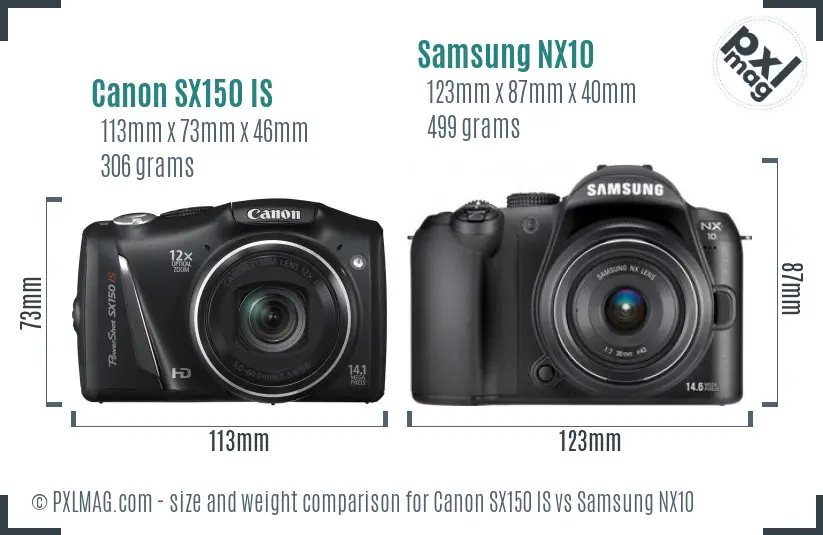 Canon SX150 IS vs Samsung NX10 size comparison