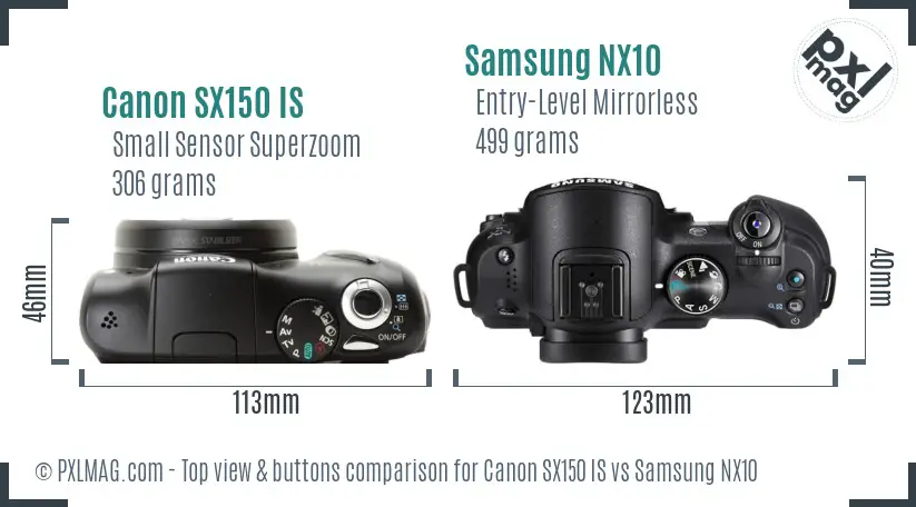 Canon SX150 IS vs Samsung NX10 top view buttons comparison