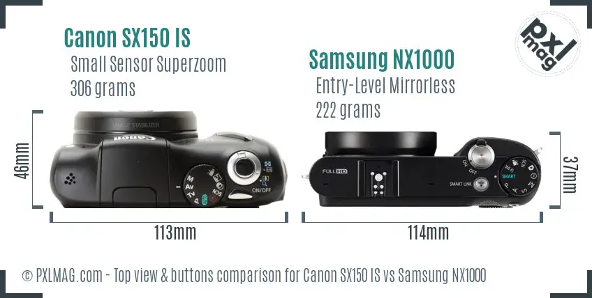 Canon SX150 IS vs Samsung NX1000 top view buttons comparison Canon SX150 IS vs Samsung NX1000 top view buttons comparison