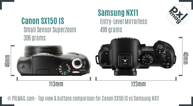 Canon SX150 IS vs Samsung NX11 top view buttons comparison