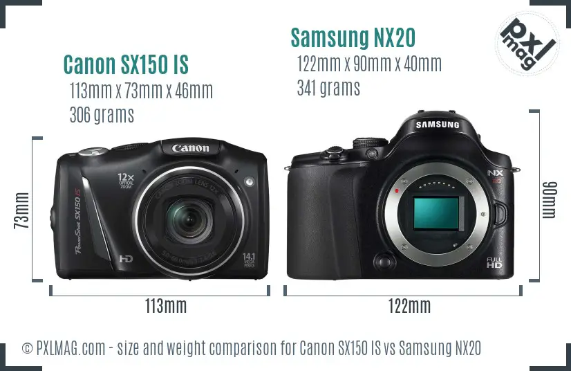 Canon SX150 IS vs Samsung NX20 size comparison Canon SX150 IS vs Samsung NX20 size comparison
