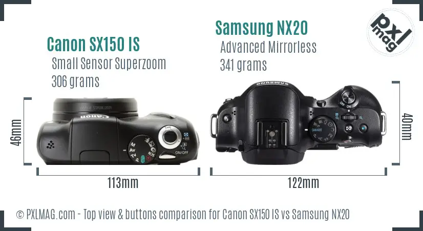 Canon SX150 IS vs Samsung NX20 top view buttons comparison Canon SX150 IS vs Samsung NX20 top view buttons comparison