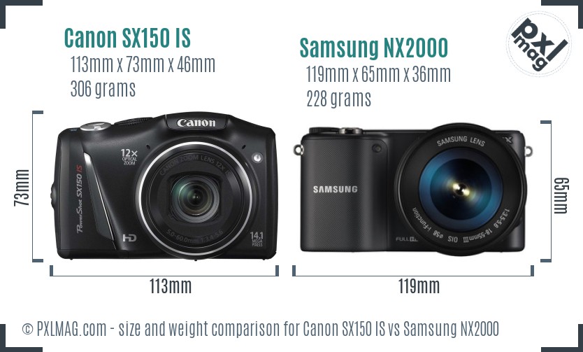 Canon SX150 IS vs Samsung NX2000 size comparison Canon SX150 IS vs Samsung NX2000 size comparison