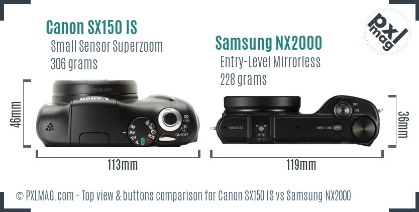 Canon SX150 IS vs Samsung NX2000 top view buttons comparison