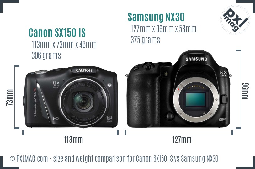 Canon SX150 IS vs Samsung NX30 size comparison