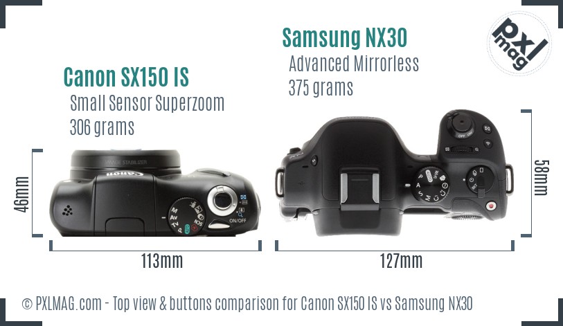 Canon SX150 IS vs Samsung NX30 top view buttons comparison