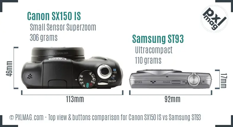 Canon SX150 IS vs Samsung ST93 top view buttons comparison Canon SX150 IS vs Samsung ST93 top view buttons comparison