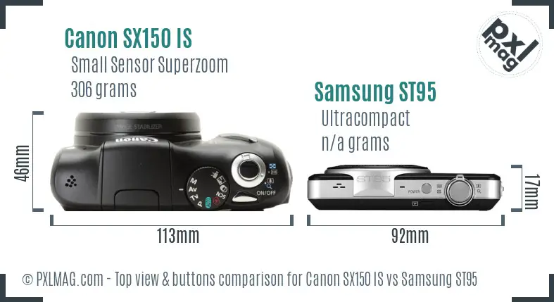 Canon SX150 IS vs Samsung ST95 top view buttons comparison Canon SX150 IS vs Samsung ST95 top view buttons comparison
