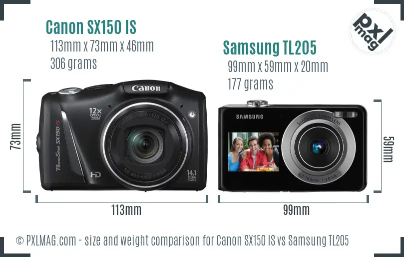 Canon SX150 IS vs Samsung TL205 size comparison