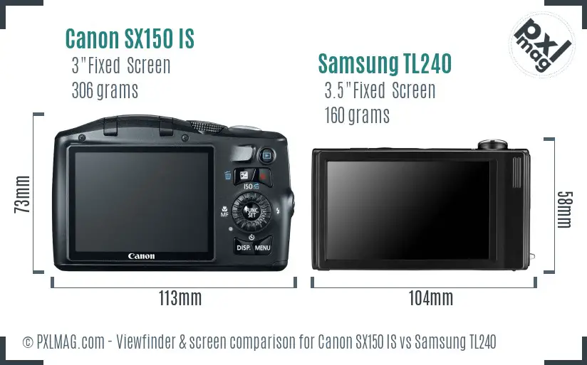 Canon SX150 IS vs Samsung TL240 Screen and Viewfinder comparison