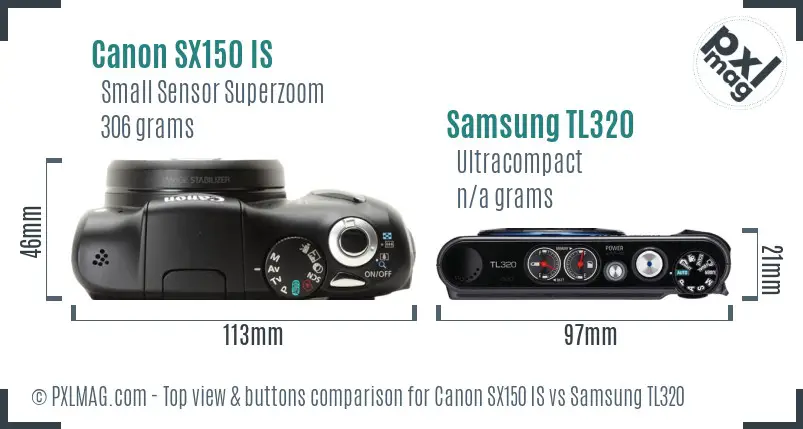 Canon SX150 IS vs Samsung TL320 top view buttons comparison