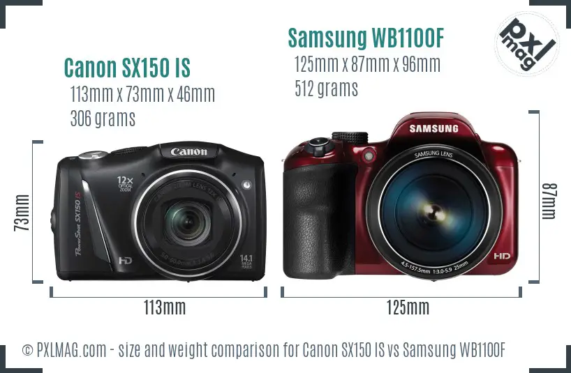 Canon SX150 IS vs Samsung WB1100F size comparison Canon SX150 IS vs Samsung WB1100F size comparison