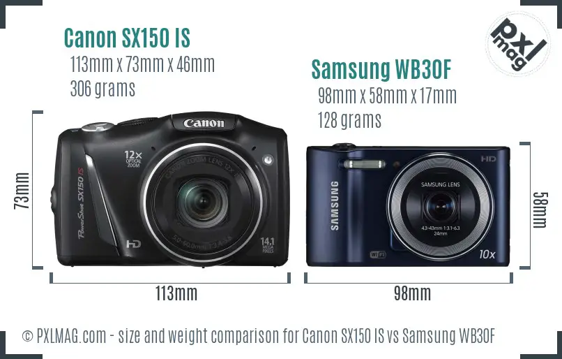 Canon SX150 IS vs Samsung WB30F size comparison