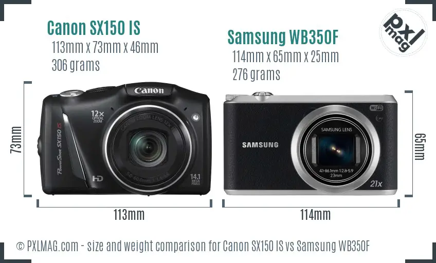 Canon SX150 IS vs Samsung WB350F size comparison