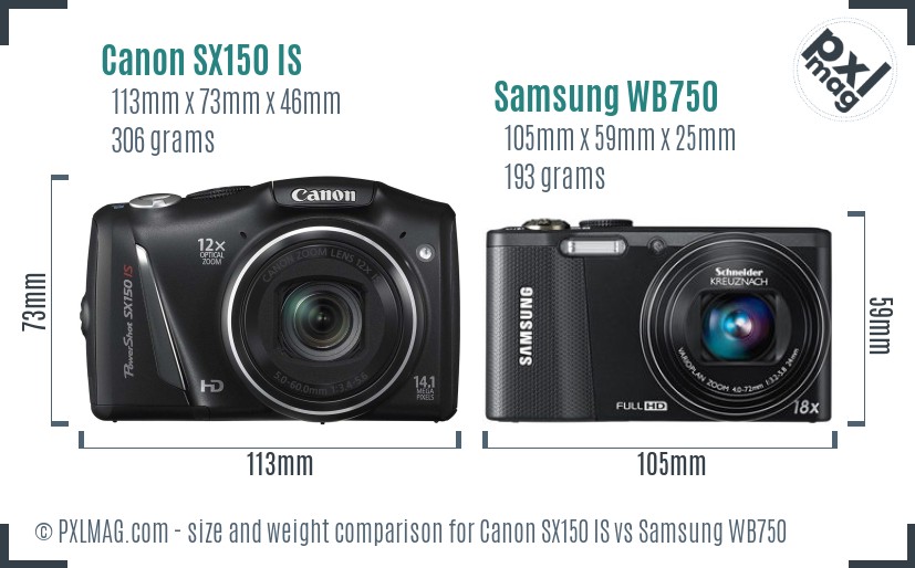 Canon SX150 IS vs Samsung WB750 size comparison Canon SX150 IS vs Samsung WB750 size comparison