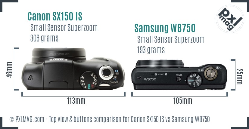 Canon SX150 IS vs Samsung WB750 top view buttons comparison