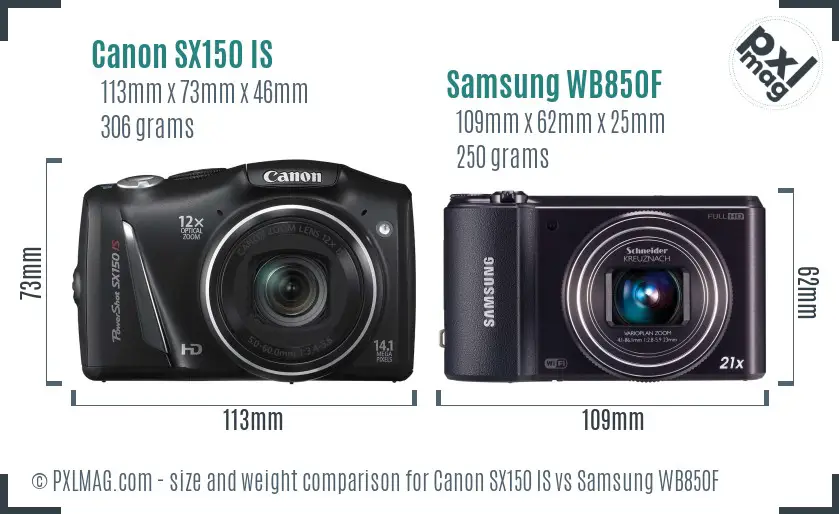Canon SX150 IS vs Samsung WB850F size comparison