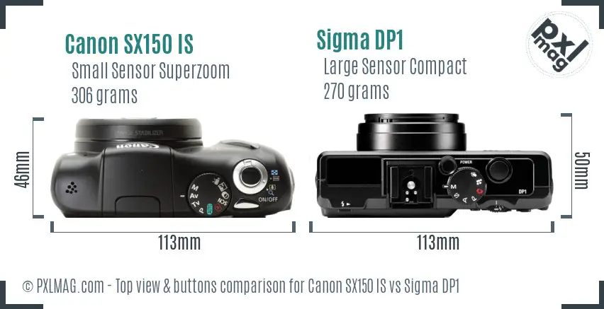 Canon SX150 IS vs Sigma DP1 top view buttons comparison