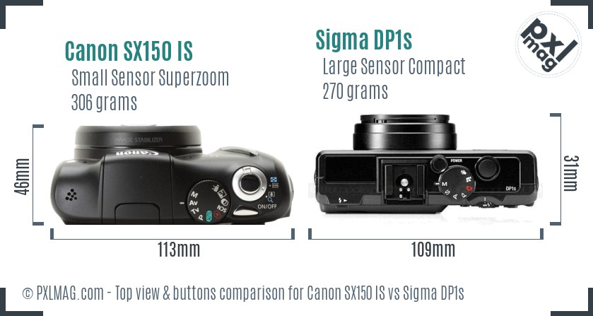 Canon SX150 IS vs Sigma DP1s top view buttons comparison