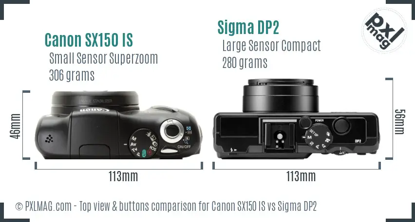 Canon SX150 IS vs Sigma DP2 top view buttons comparison