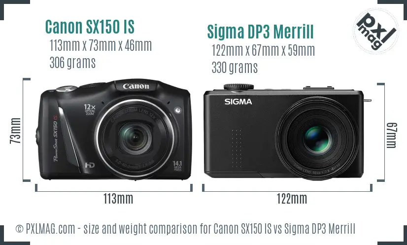 Canon SX150 IS vs Sigma DP3 Merrill size comparison