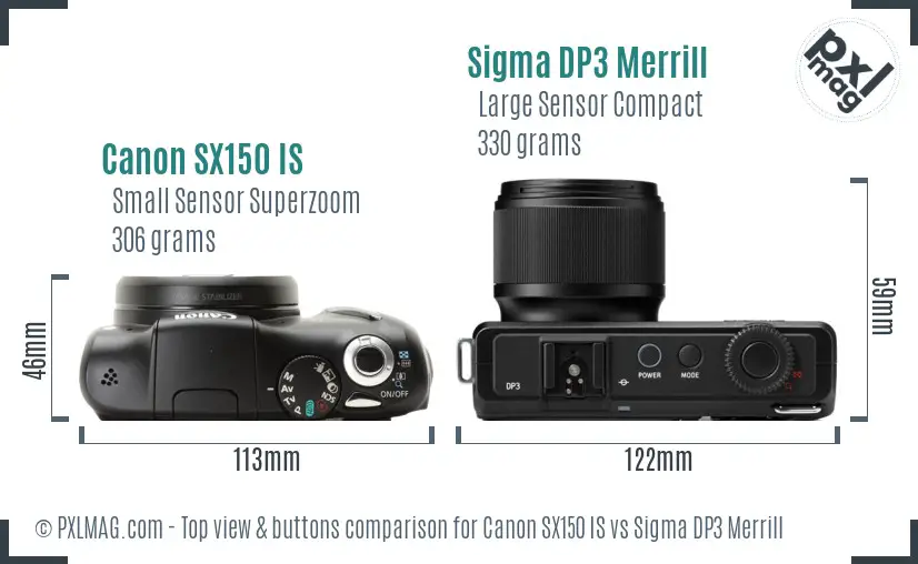 Canon SX150 IS vs Sigma DP3 Merrill top view buttons comparison